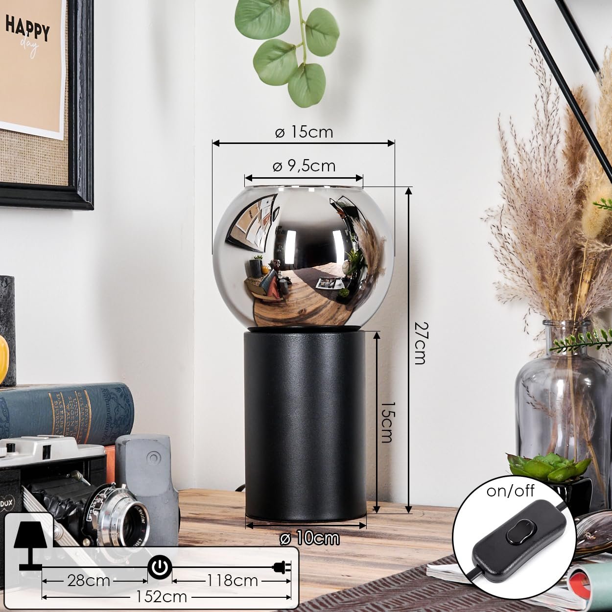 Настільна лампа HOFSTEIN Koyoto E14 15 см Чорний/Хром/Димчастий, фото №3