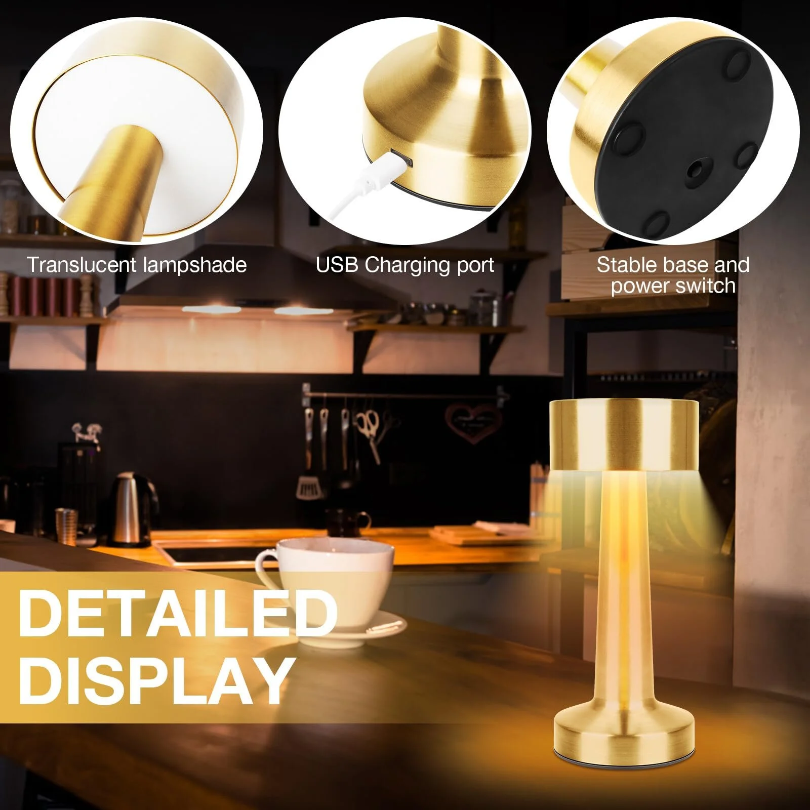 Настільна лампа LED 2-Piece Wireless USB Rechargeable Touch Dimmable 3-Level Gold, фото №5