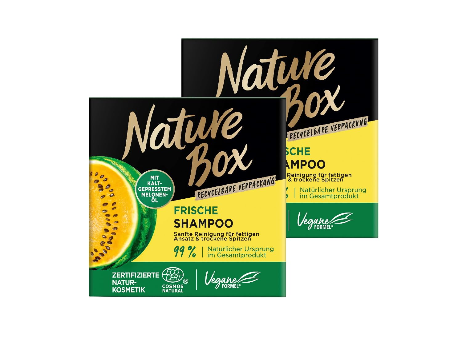 Шампунь Nature Box Firm Свіжий, 85 г, з олією дині холодного віджиму для жирного коріння та сухих кінчиків, в переробній упаковці, 2 x 85 г, фото №1