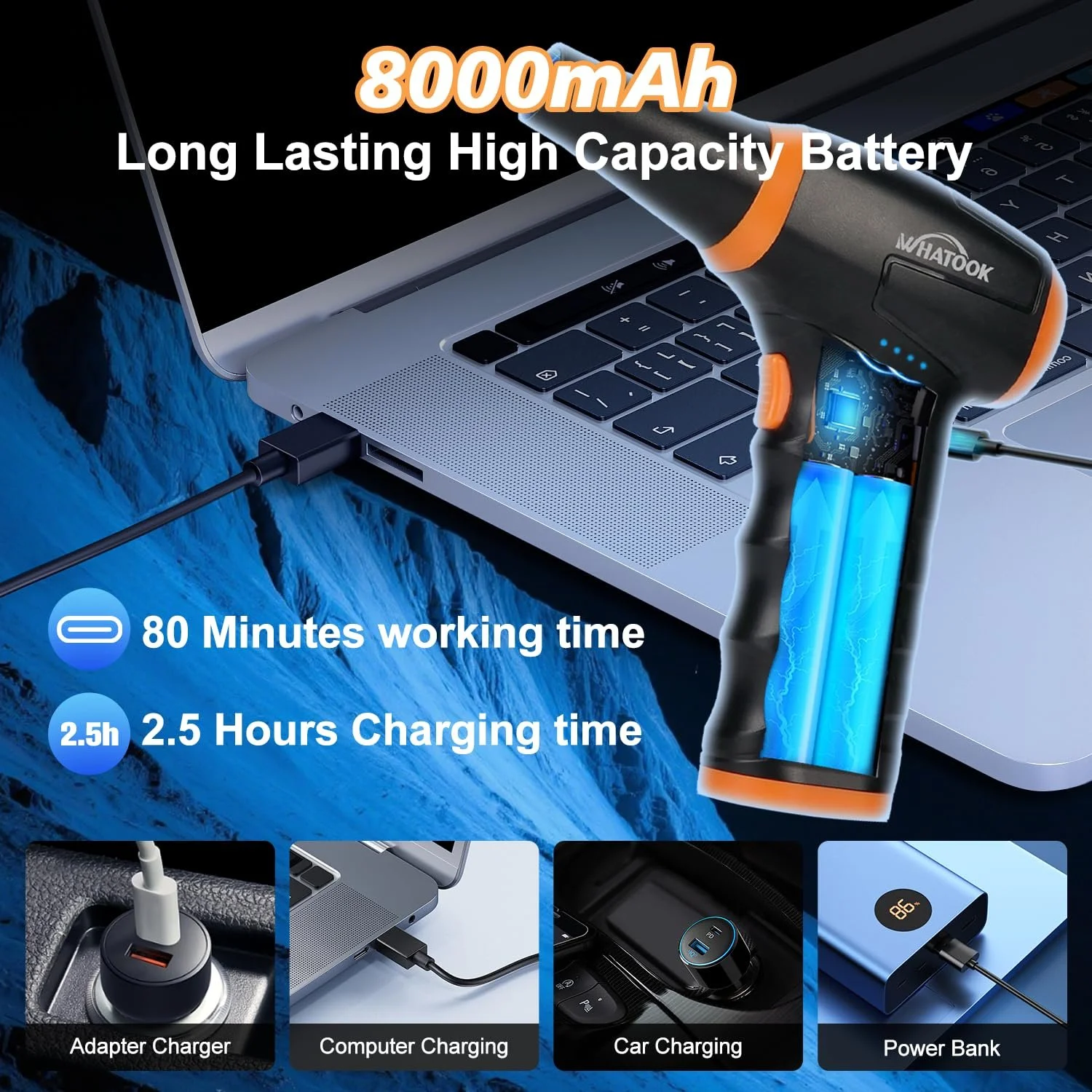 Электрическая воздуходувка WHATOOK W12 Мини 150000 RPM 8000 мАч USB, фото №4 Электрическая воздуходувка WHATOOK W12 Мини 150000 RPM 8000 мАч USB, фото №4