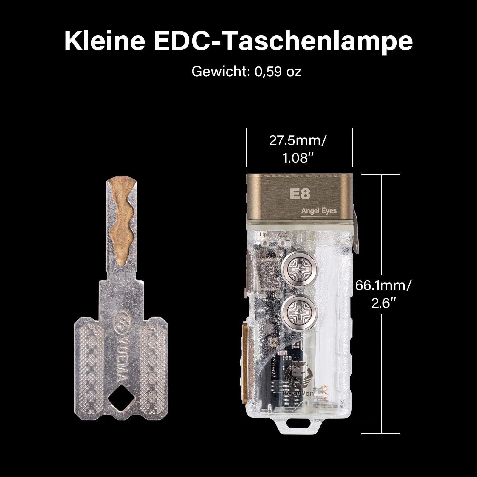 Фонарь RovyVon Angel Eyes E8 High Cri 500 люмен, перезаряжаемый, брелок, двойное питание AAA, с режимом блокировки, водонепроницаемый для дома и улицы, фото №7