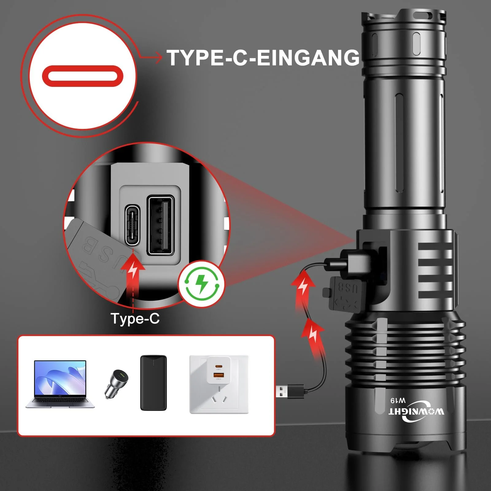 Ліхтар LED Акумуляторний 500 000 люмен, 2 перемикачі USB C, тактичний, плавне регулювання яскравості з налобним ліхтарем для надзвичайних ситуацій на відкритому повітрі, фото №7