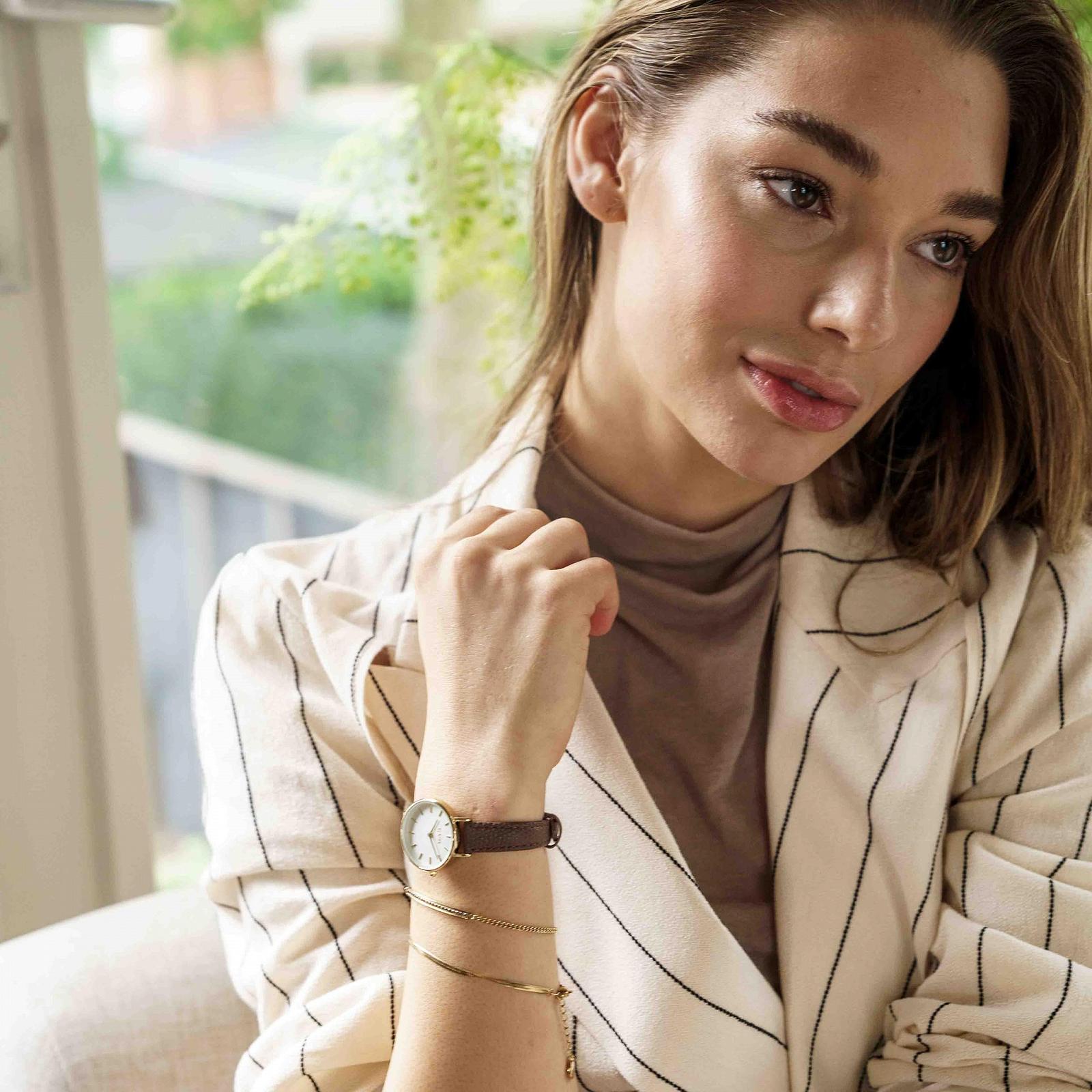 Женские часы BURKER Ruby Petite, круглые женские часы, классические аналоговые, водонепроницаемые 3 ATM, кожаный ремешок, золото-коричневый, 28 мм, золото-коричневый - кожа, браслет, фото №5