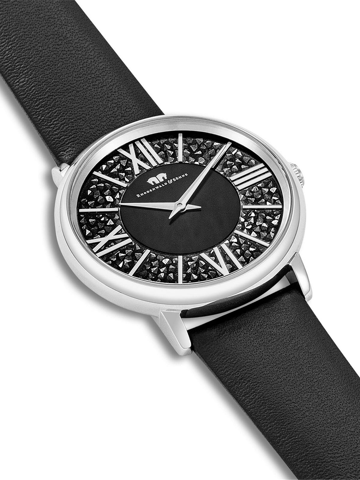 Жіночий годинник Rhodenwald & Söhne 10010329 Аналоговий Японський кварцовий Чорний шкіряний ремінець, прикрашений кристалами, сріблястий, без візерунка, фото №5