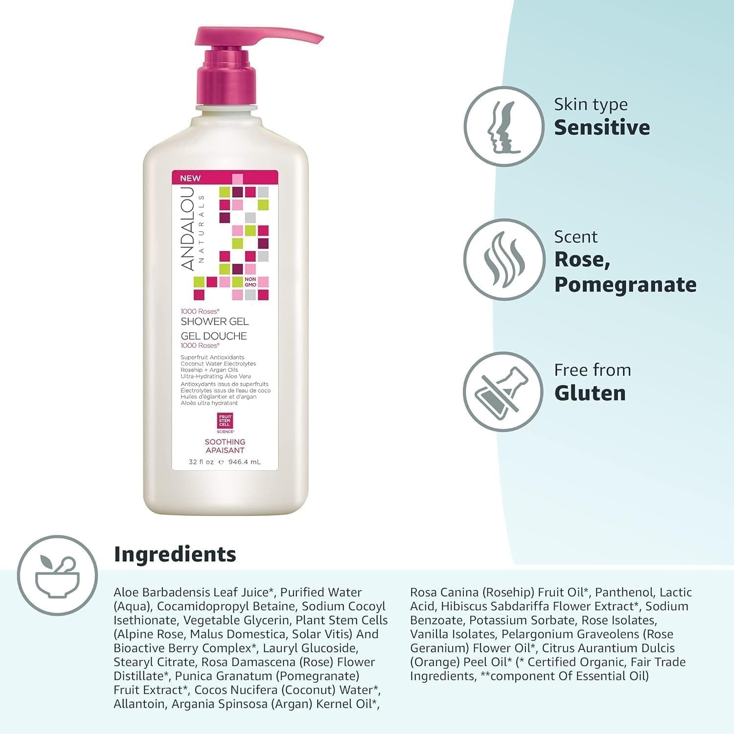 Гель для душу ANDALOU NATURALS 1000 Roses заспокійливий 946 мл, фото №4