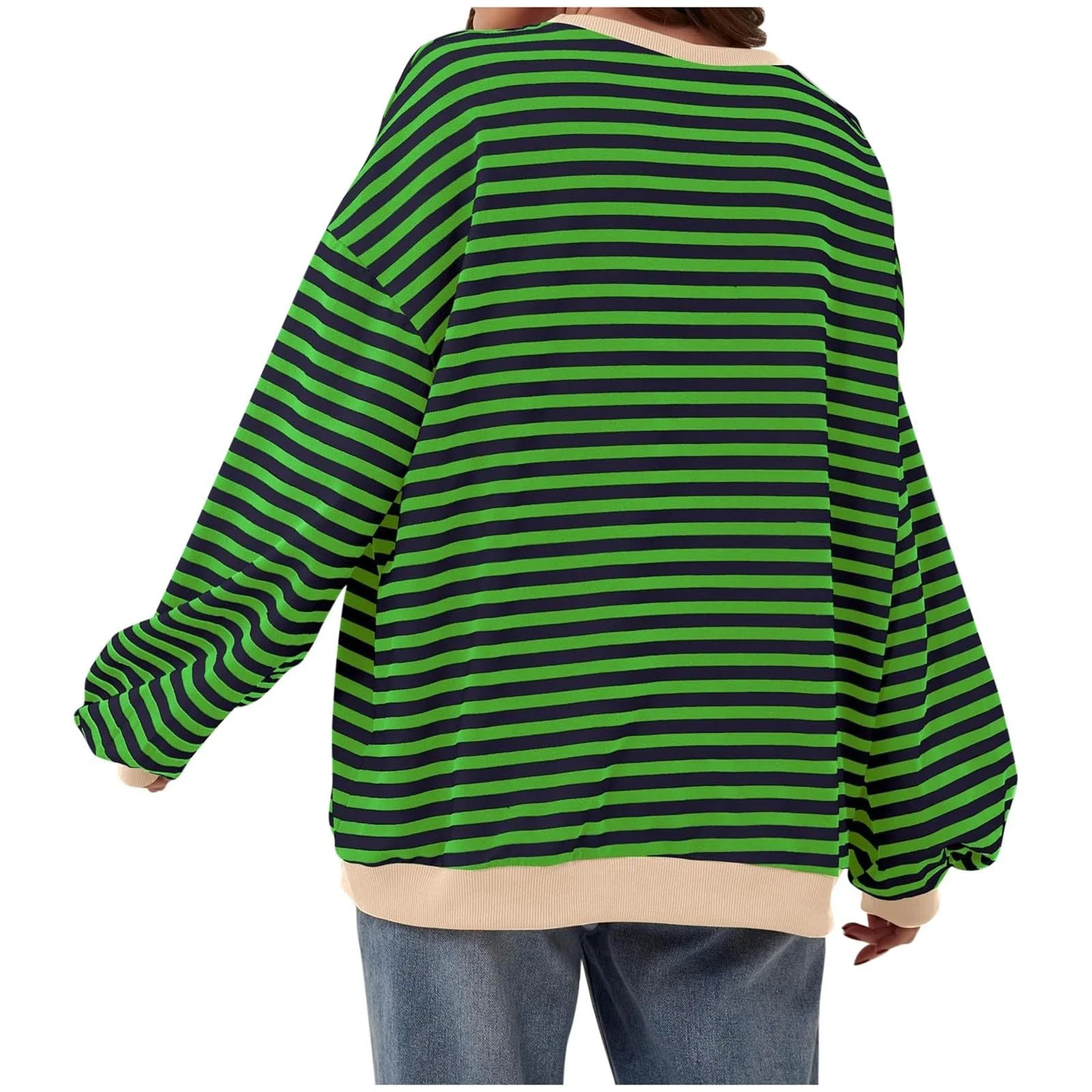 Свитшот pvucpot Женский в полоску Цветной блок Топ Пуловер Повседневный Круглый вырез Длинный рукав Свободный Свитшот Женский в полоску Пуловер Женский топ, фото №2