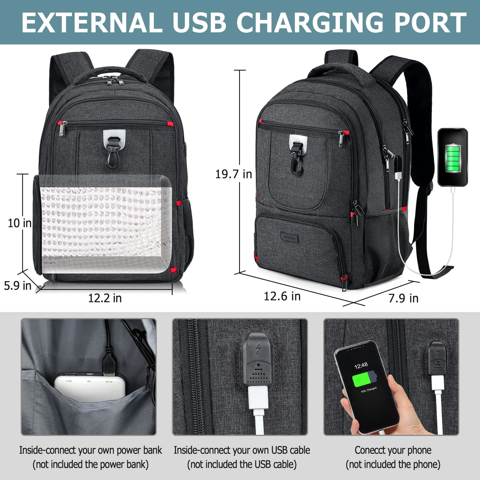 Рюкзак для ноутбука 17.3 Inch Lunch Backpack Waterproof USB Charging Port Черный, фото №4
