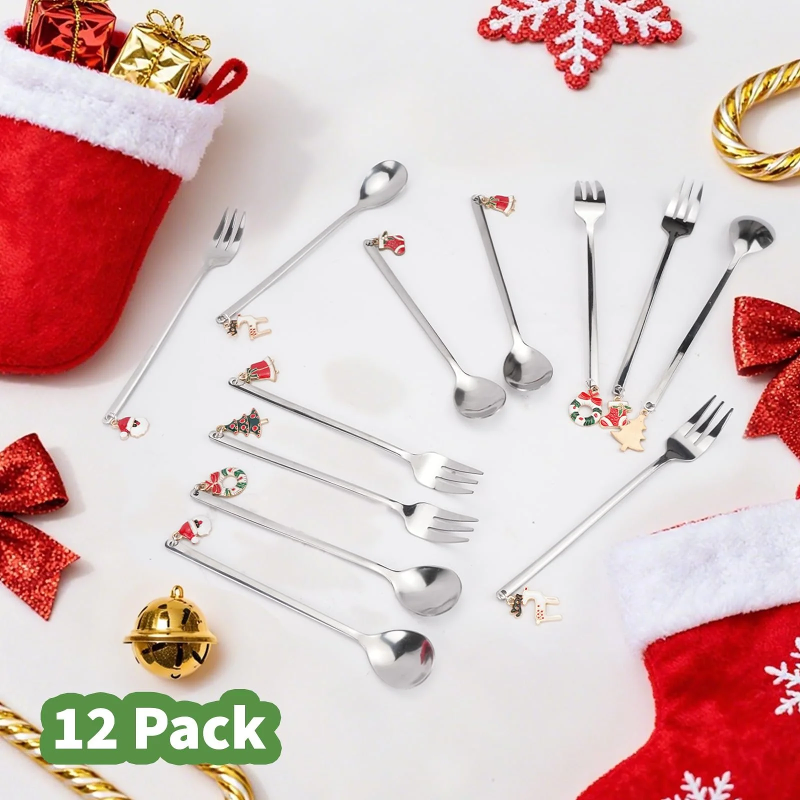 Набір Різдвяних Ложок і Виделок для Торта (12 шт), фото №3