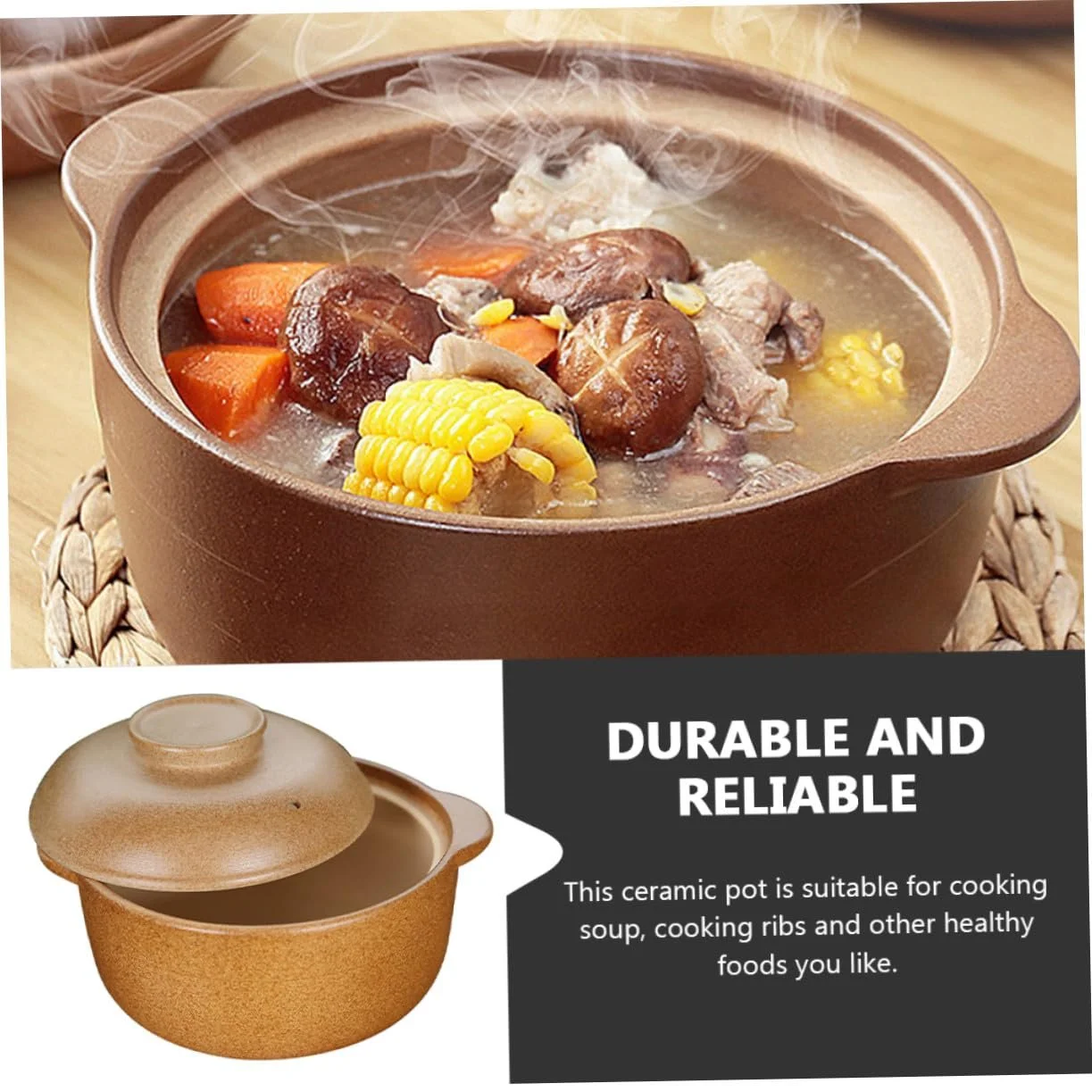 Кастрюля для тушения керамическая с крышкой энергосберегающая средняя с ручками, фото №8