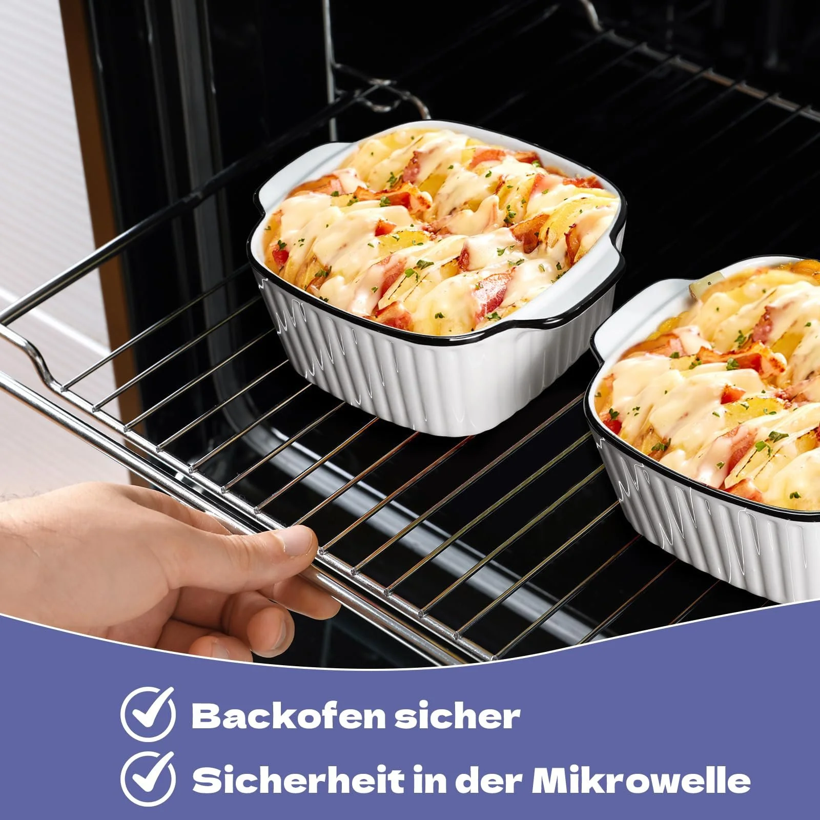 Набір форм для запікання 2 шт. керамічні квадратні 14.5 x 12 x 5.5 см 400 мл білі з чорними смугами, фото №5