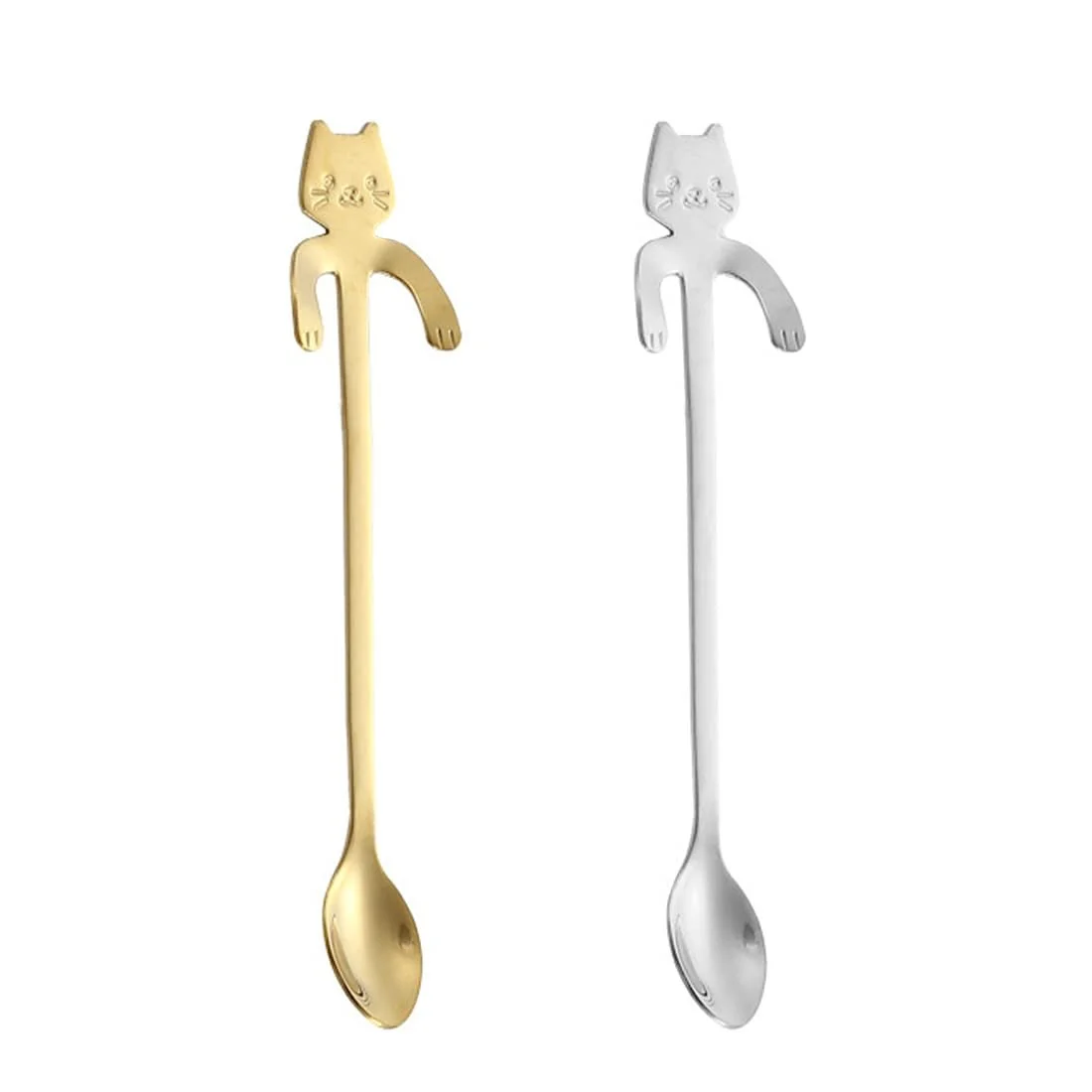 Набір з 2 кавових ложок, котячі чайні ложки, десертні ложки, з нержавіючої сталі, підвісний дизайн кота, для чаю, лате, кави, десертних напоїв, молочного коктейлю (золотий, срібний), фото №1