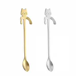 Набір з 2 кавових ложок, котячі чайні ложки, десертні ложки, з нержавіючої сталі, підвісний дизайн кота, для чаю, лате, кави, десертних напоїв, молочного коктейлю (золотий, срібний) - Фото 1