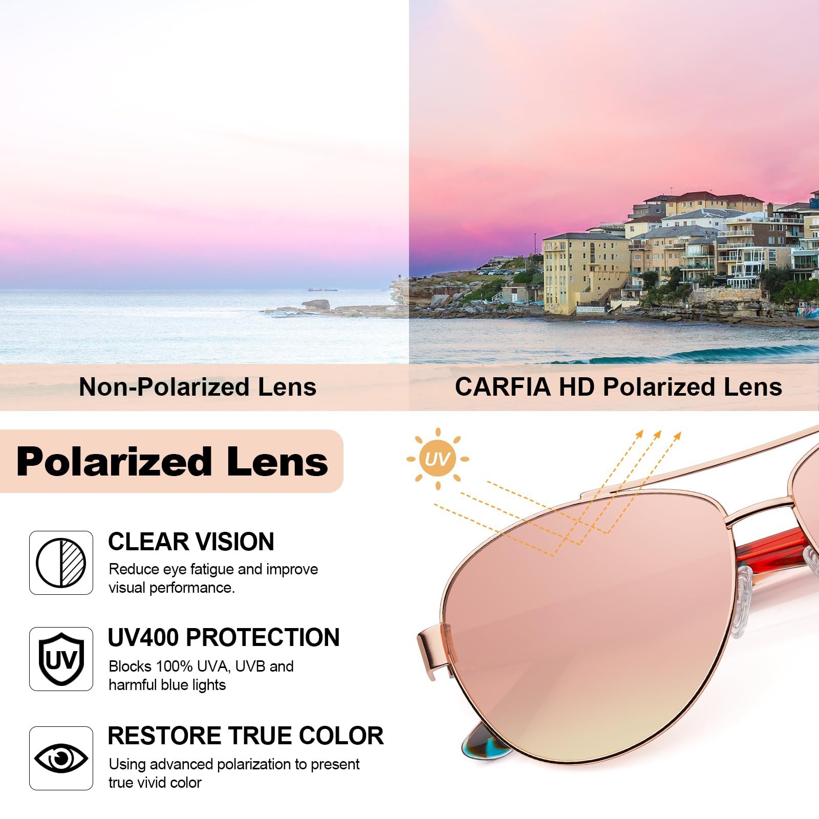 Сонцезахисні окуляри Авіатор CARFIA Поляризовані UV400 Ретро Вінтаж Стильні для жінок, фото №7 Сонцезахисні окуляри Авіатор CARFIA Поляризовані UV400 Ретро Вінтаж Стильні для жінок, фото №7