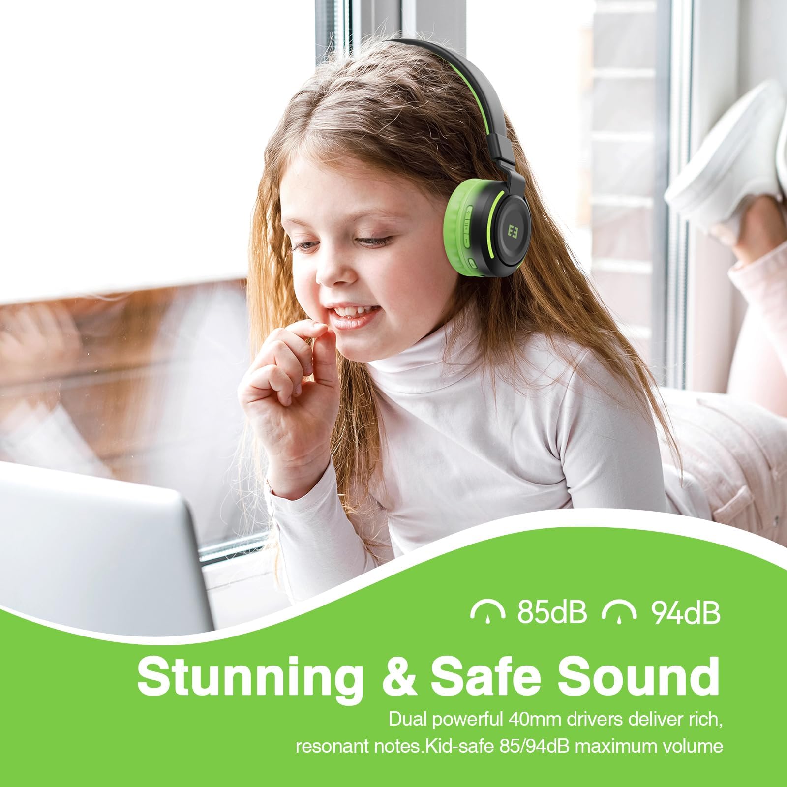 Наушники seenda Bluetooth Children's 85/94 dB Чёрно-зелёные, фото №3