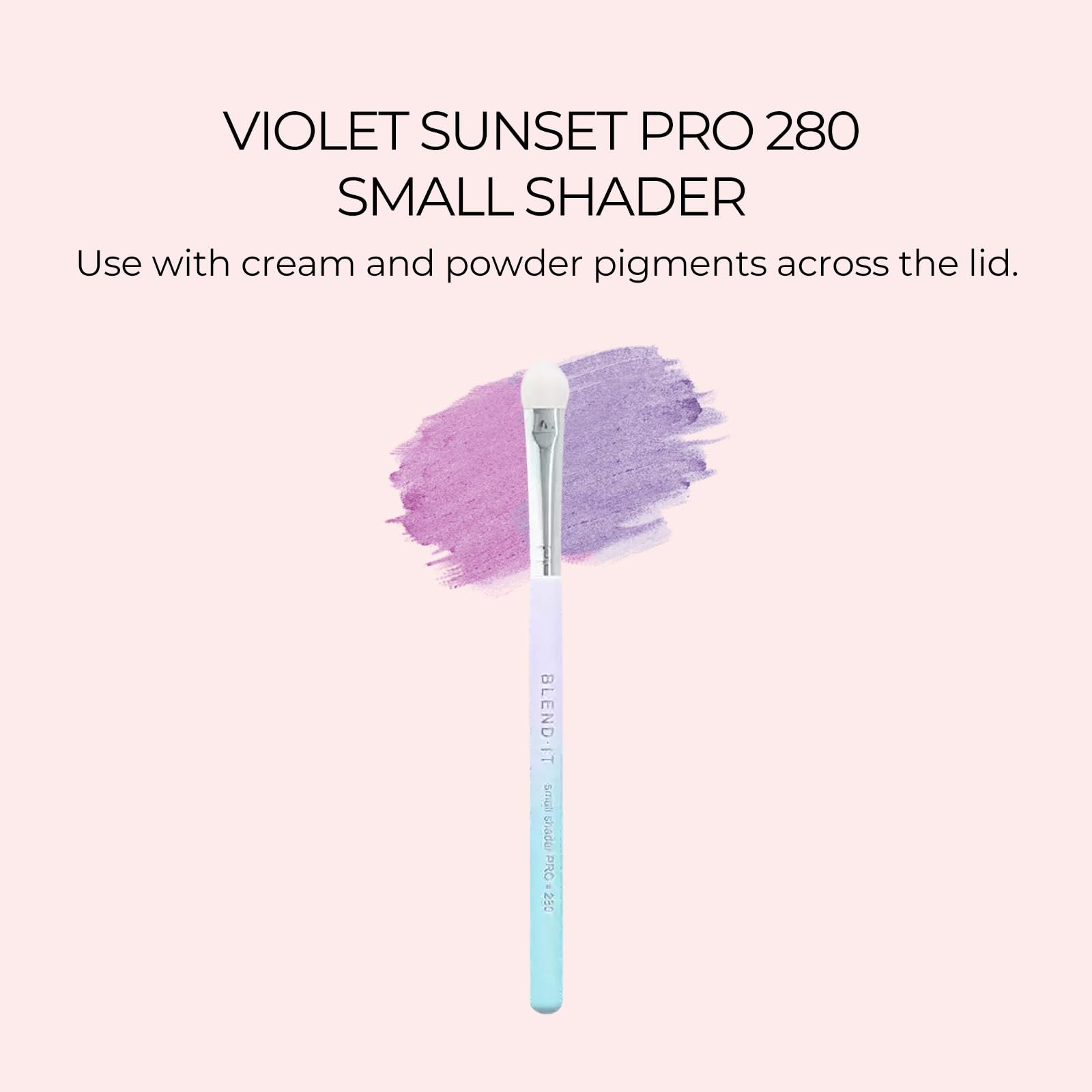 Кисть BLEND IT Small Shader PRO 280 для тіней з синтетичного і козячого волосся дерев'яна ручка латунна обойма Violet Sunset, фото №2