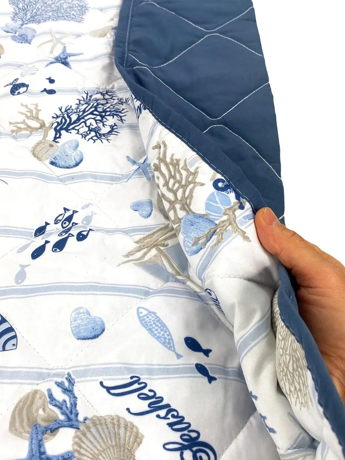 Текстильне покривало з бантом Tex family, море, корали та мушлі зі смугастою основою, двоспальне, фото №2