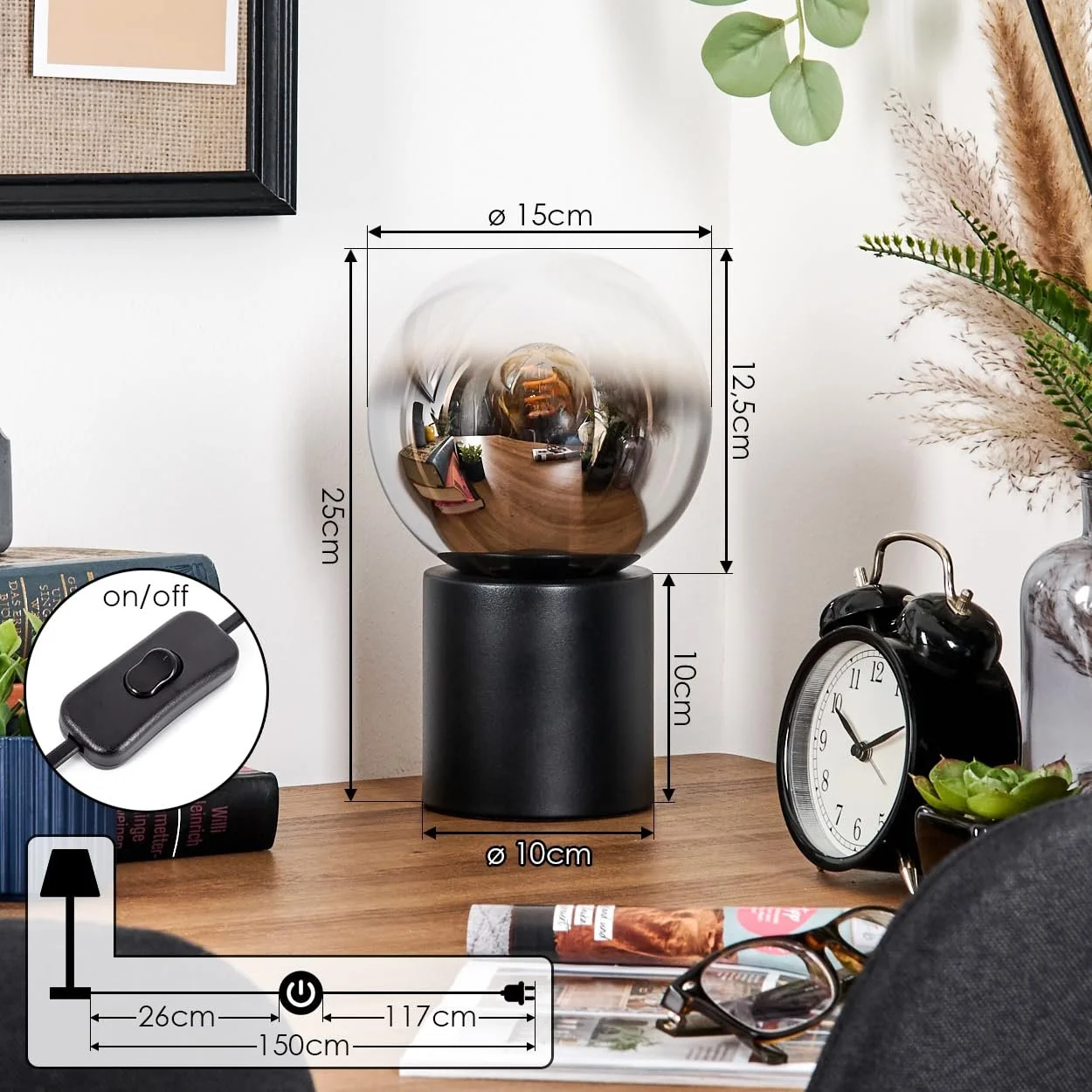 Настільна лампа HOFSTEIN Gastor E14 15 см Чорний/Хром/Димчастий/Прозорий, фото №4