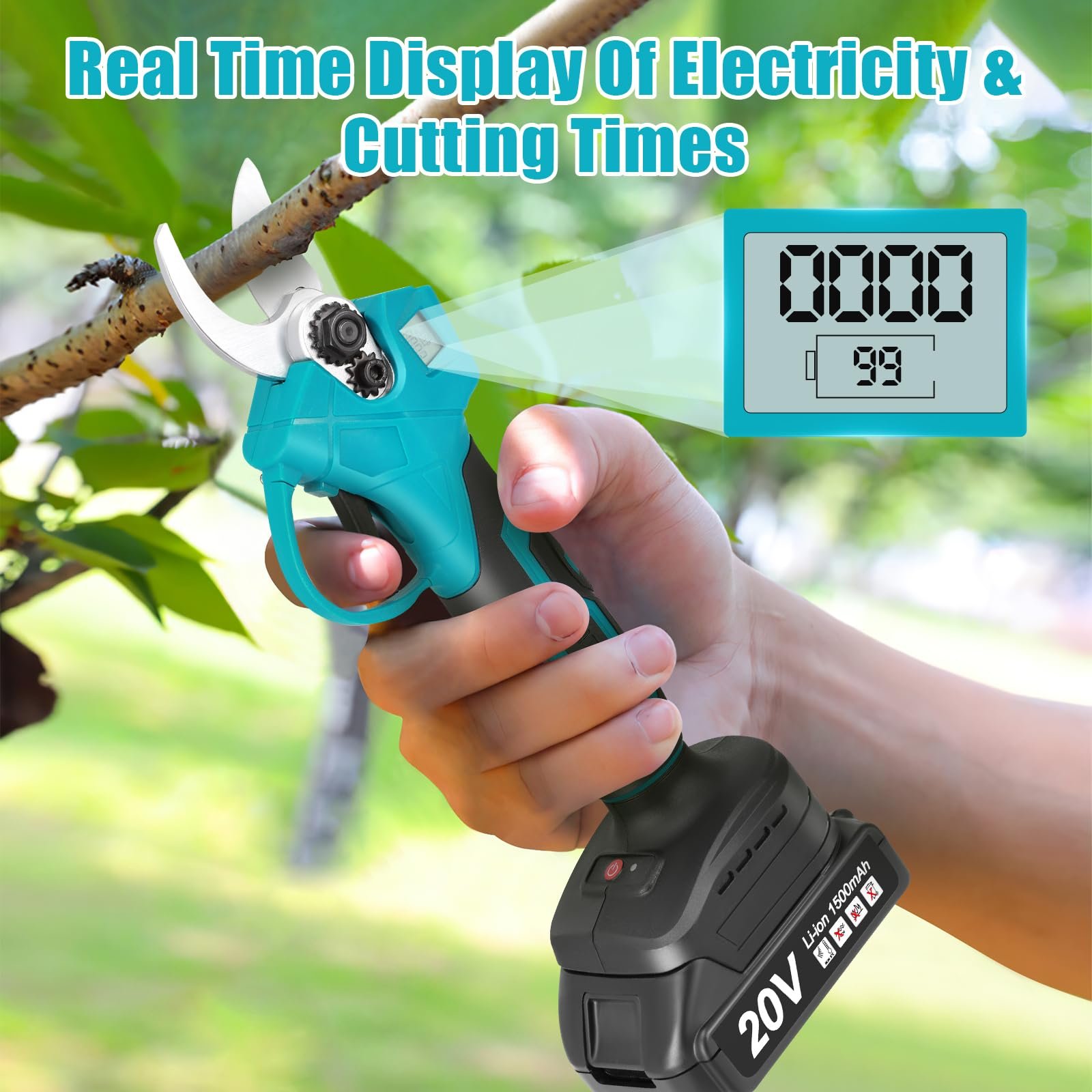 Акумуляторний секатор Professional, електричний, 2 x 20 V 1500 mAh батареї, РК-дисплей, безщітковий двигун, макс. 30 мм діаметр різання, леза SK5, фото №2