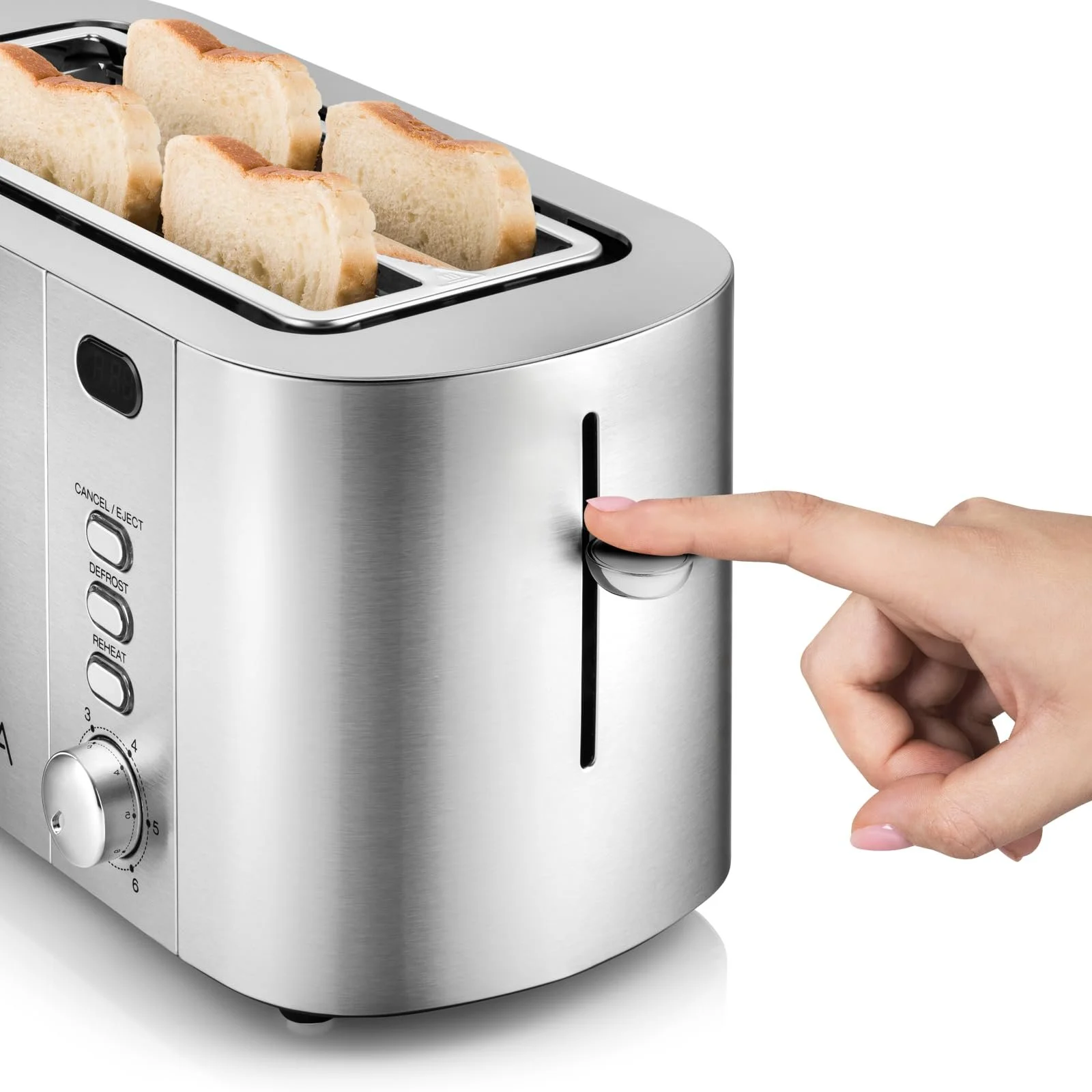 Тостер ZEEGMA TOSTEE CHEF 4 скибочки Нержавіюча сталь 1500 Вт Розморожування Підігрів Зупинка Відсік для крихт Світлодіодний таймер 6 рівнів, фото №2