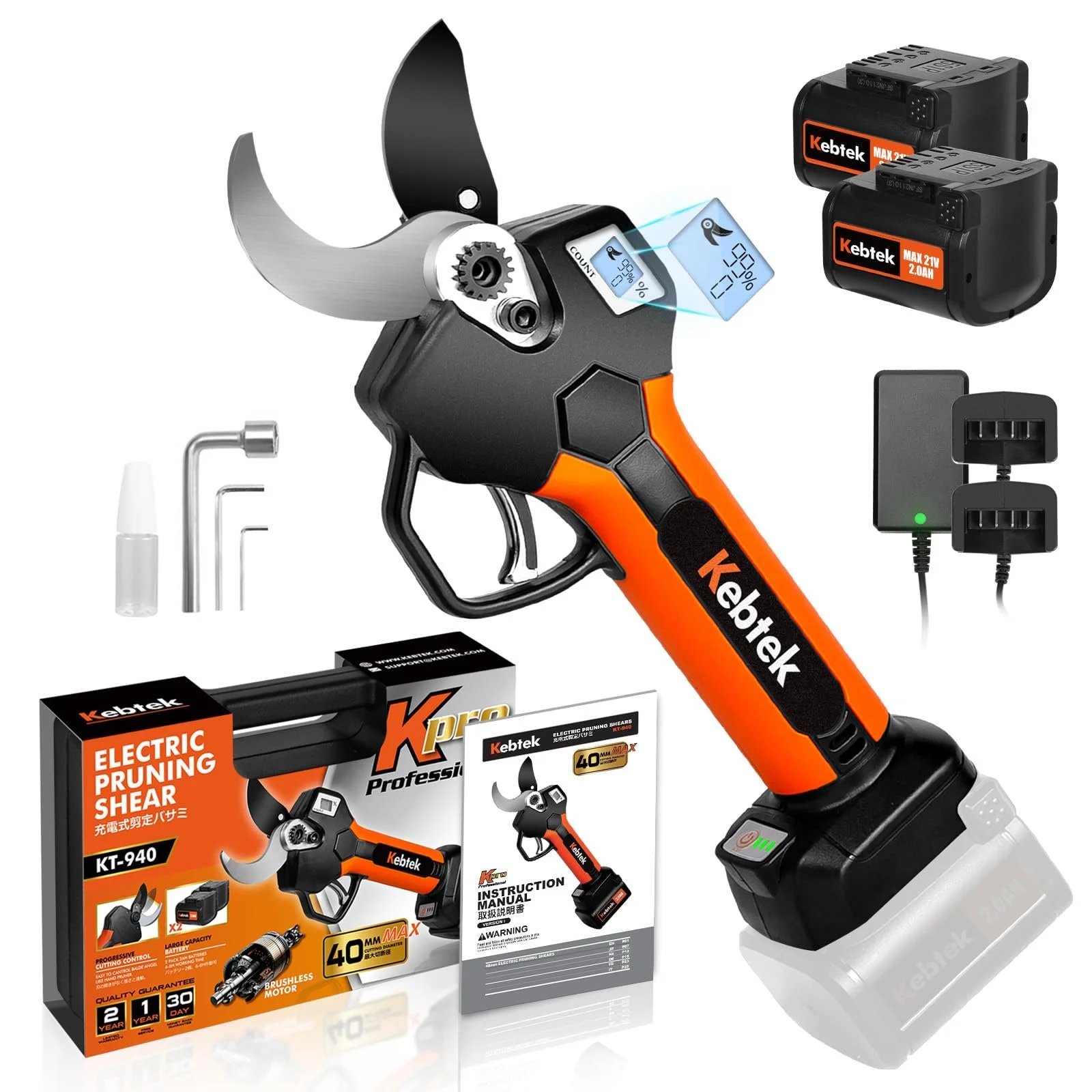 Секатор електричний Kebtek KT940 40 мм Professional 18 V 2 шт 2 Ah літієві батареї, фото №1
