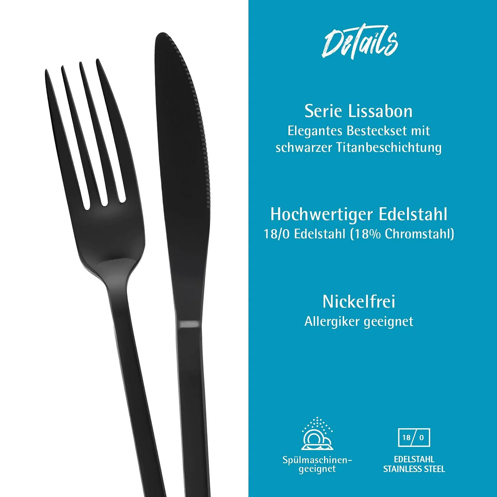 Набір столових приборів GRÄWE Lisbon, 30 предметів на 6 персон, з нержавіючої сталі з титановим покриттям, чорний, фото №3