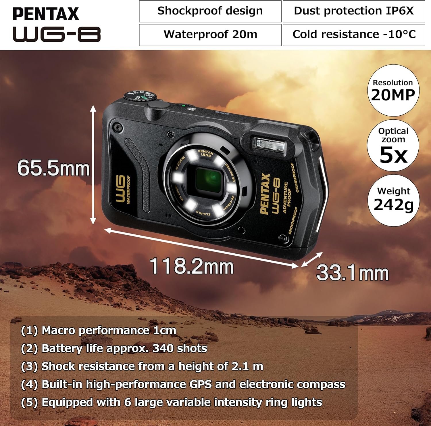 Экшн-камера Pentax WG-8 / 20Мп / 4К / 120fps / Водонепроницаемая 20м, Пылезащита IP6X, Ударопрочная 2.1м, Морозостойкая -10°C / Черная, фото №2