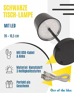 Настільна лампа Out of the blue LED 26 x 10.5 см, пластикова, 3 рівні яскравості, з USB-кабелем та акумулятором, чорна synthetic.ua - Фото 1