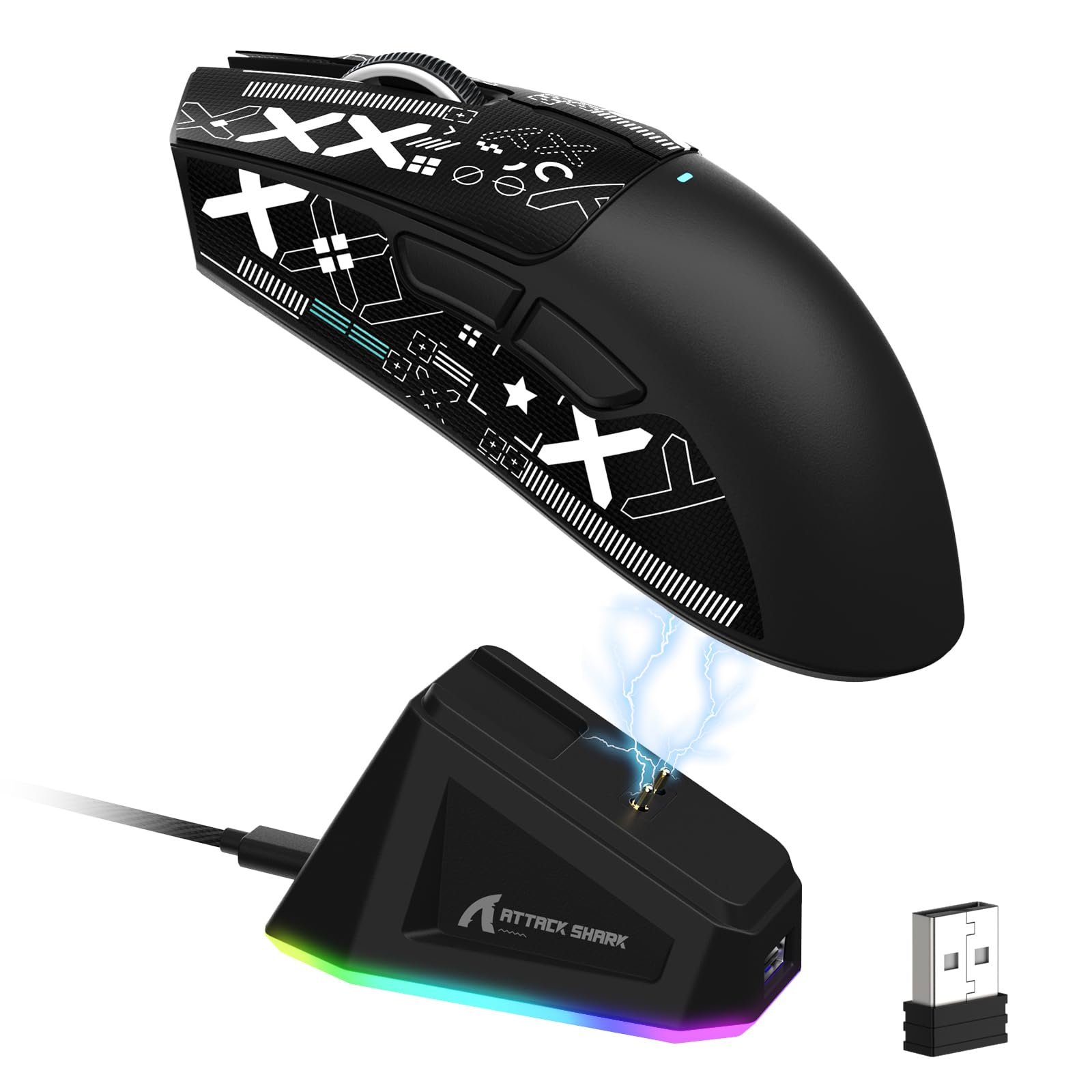 Мышь Беспроводная Игровая Attack Shark X11 с RGB Подставкой для Магнитной Зарядки, Сенсор PixArt PAW3311, Сверхлегкая 59г, Три режима, 22K DPI - Черный и лента, фото №1