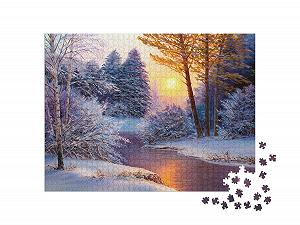 Пазл puzzleYOU Природа, искусство и фэнтези Зимний ландшафт с рекой, картина маслом 1000 элементов synthetic.ua - Фото 1