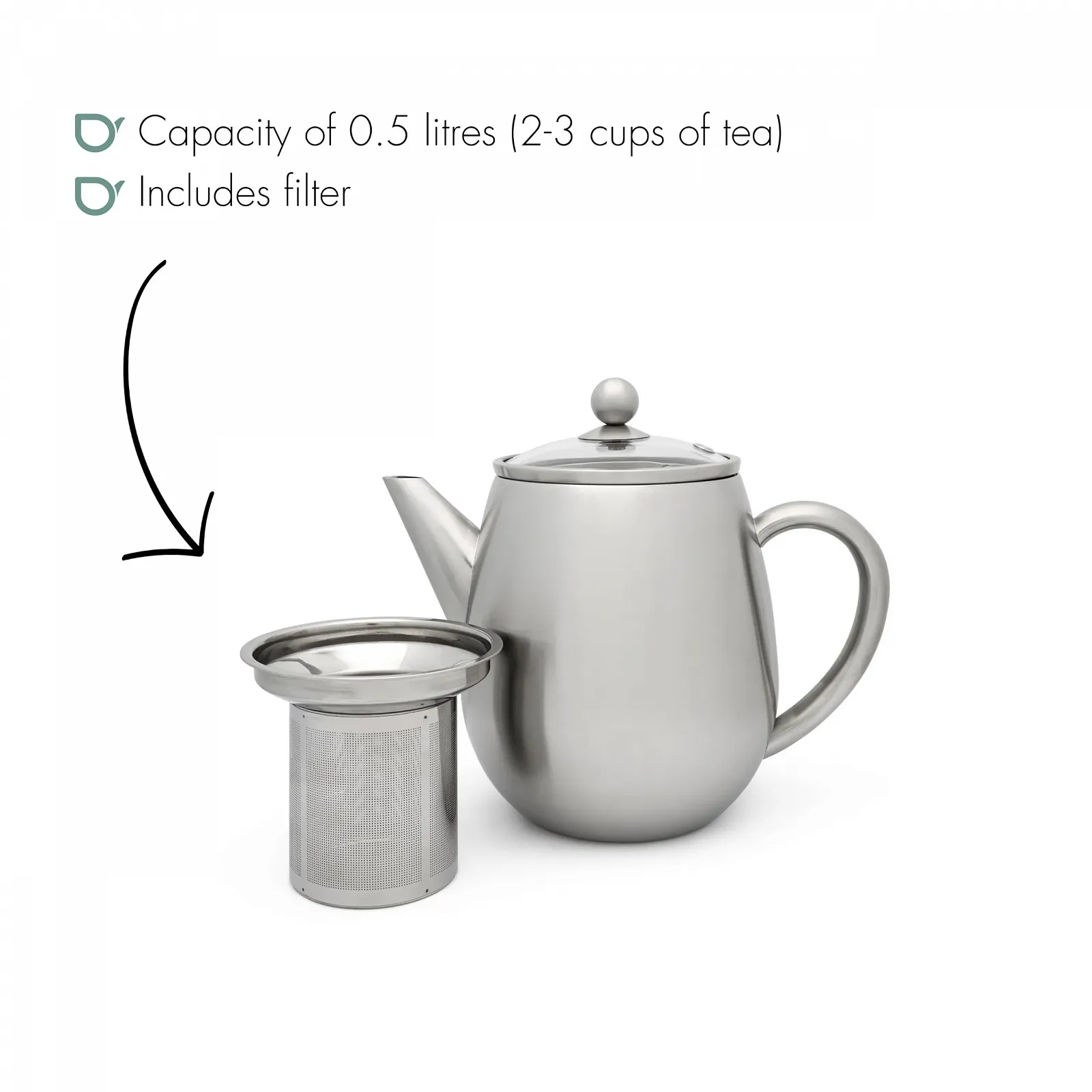 Чайник-заварник Bredemeijer Двостінний 0.5 літра Нержавіюча сталь срібний з скляною кришкою та чайним фільтром, фото №3