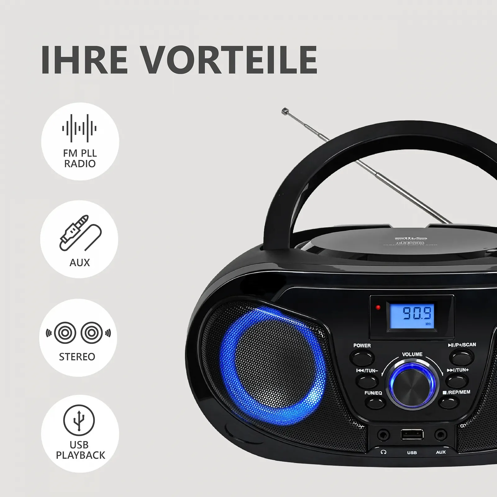 Магнитола CD-проигрыватель Silva Schneider MPC 25.4 USB с FM-радио, USB для MP3, AUX и разъемом для наушников, ЖК-дисплей, 40 Вт p.m.p.o., питание от сети/батареи Черный, фото №6