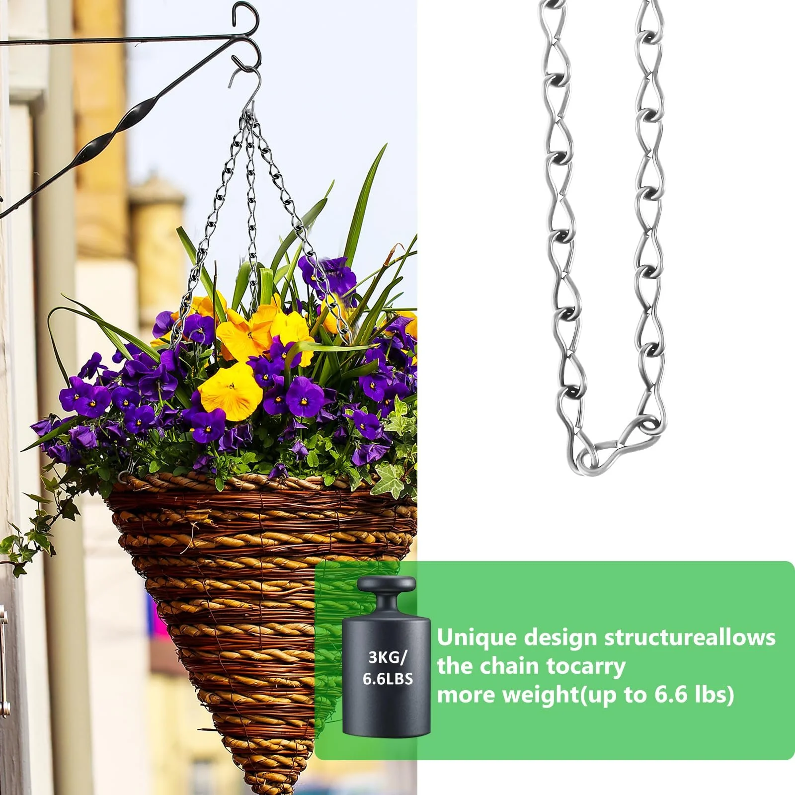 Ланцюги для підвісних кошиків 4 шт. 50 см металеві з гачками Сріблястий, фото №3