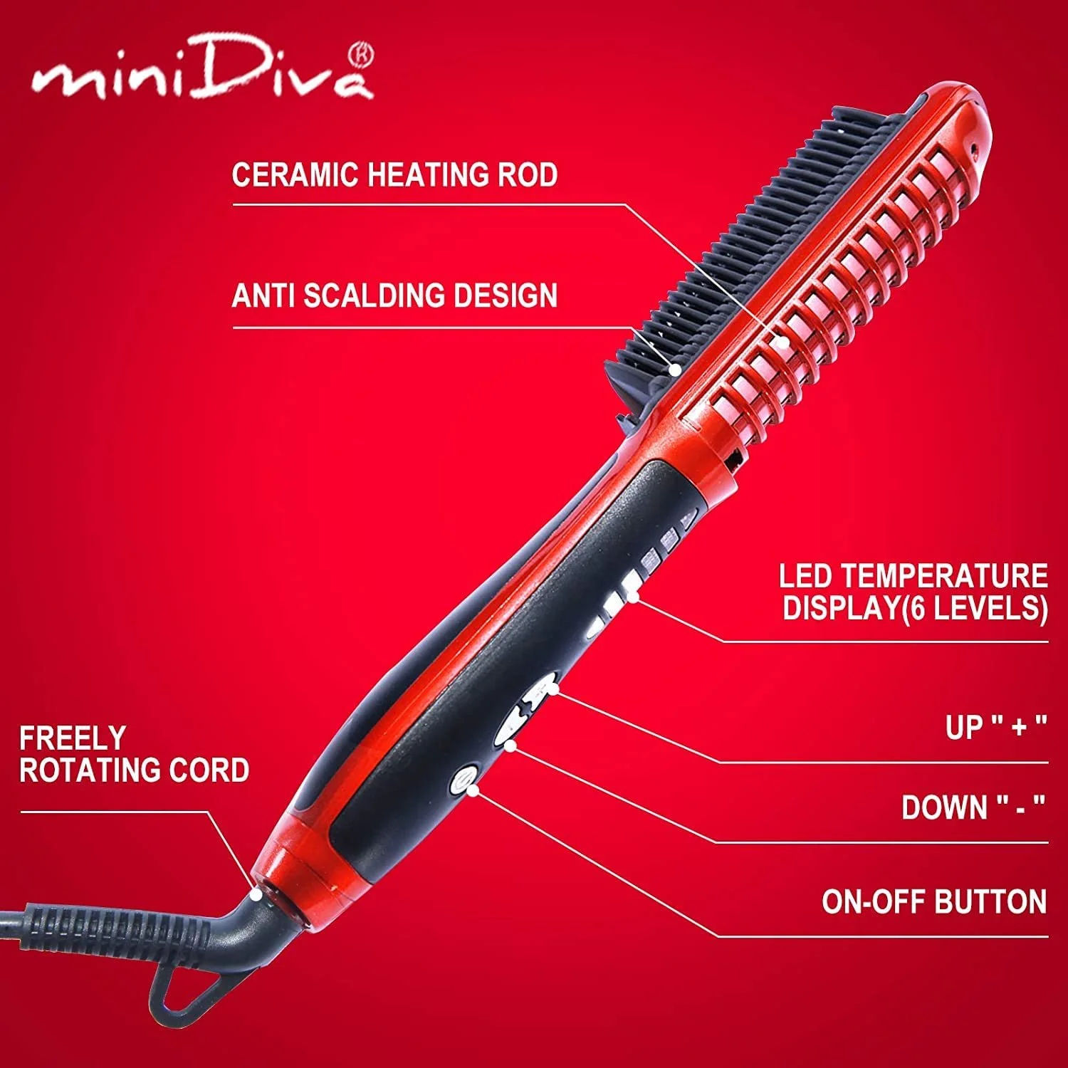 Щетка-выпрямитель Minidiva Fast Heating Anti-scald Белый Красный, фото №2