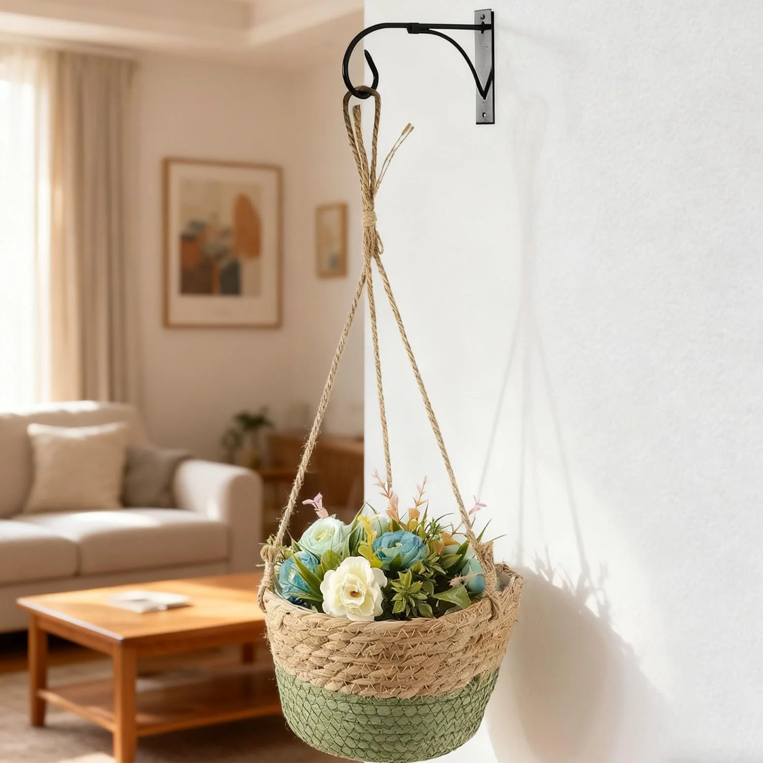 Підвісний кошик для рослин з морської трави ручна робота зелений, фото №4 Підвісний кошик для рослин з морської трави ручна робота зелений, фото №4