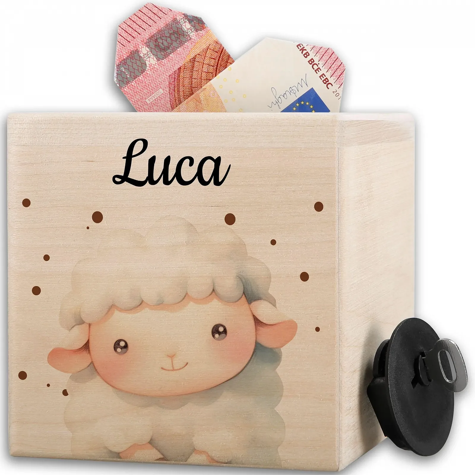 Скарбничка дерев'яна Овечка персоналізована з замком і ключем, фото №1