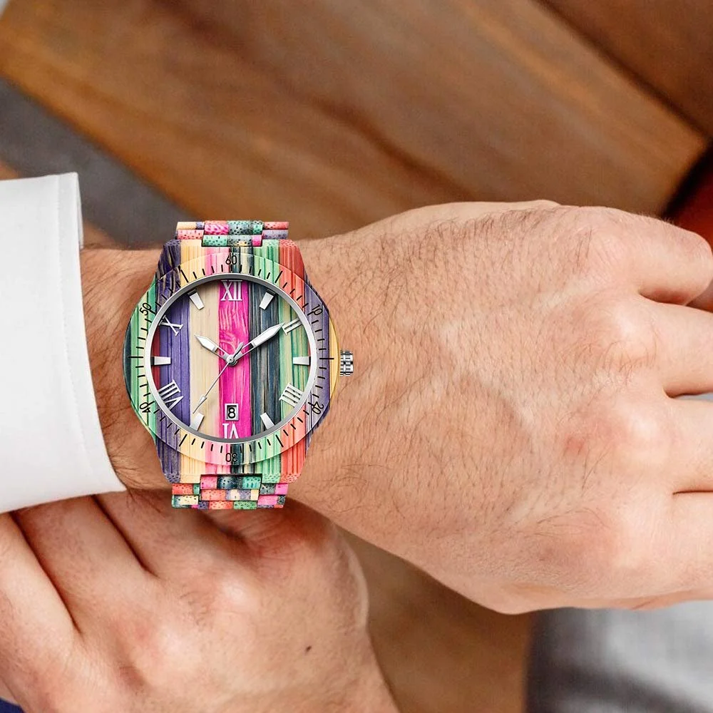 Чоловічий дерев'яний годинник Tiong, кольоровий бамбук, аналоговий кварцовий, фото №8 Чоловічий дерев'яний годинник Tiong, кольоровий бамбук, аналоговий кварцовий, фото №8