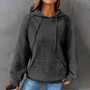 Худи Женская Повседневная Однотонная Толстовка Мягкая Удобная Куртка-Реглан с Вафельным Узором Свитер с Длинными Рукавами, Худи Элегантный Шикарный Худи Топ Высокого Качества synthetic.ua - Фото 1