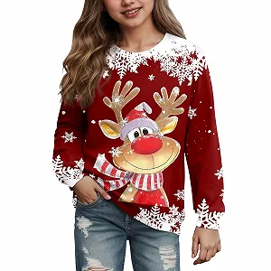 Детский рождественский свитер Generisch для девочек, рождественский свитер с длинными рукавами и принтом оленя, рождественская толстовка, теплый зимний флисовый рождественский свитер для маленьких мальчиков, уродливый рождественский наряд для детей 2-12 лет - Фото 1
