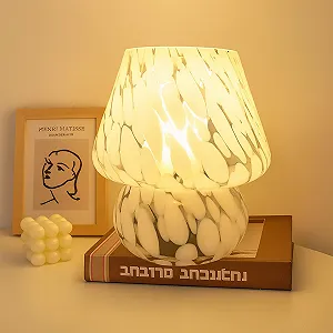 Настільна лампа Relaxdays гриб скляна E27 на батарейках Висота 24 см Діаметр 16 см Біла - Фото 1