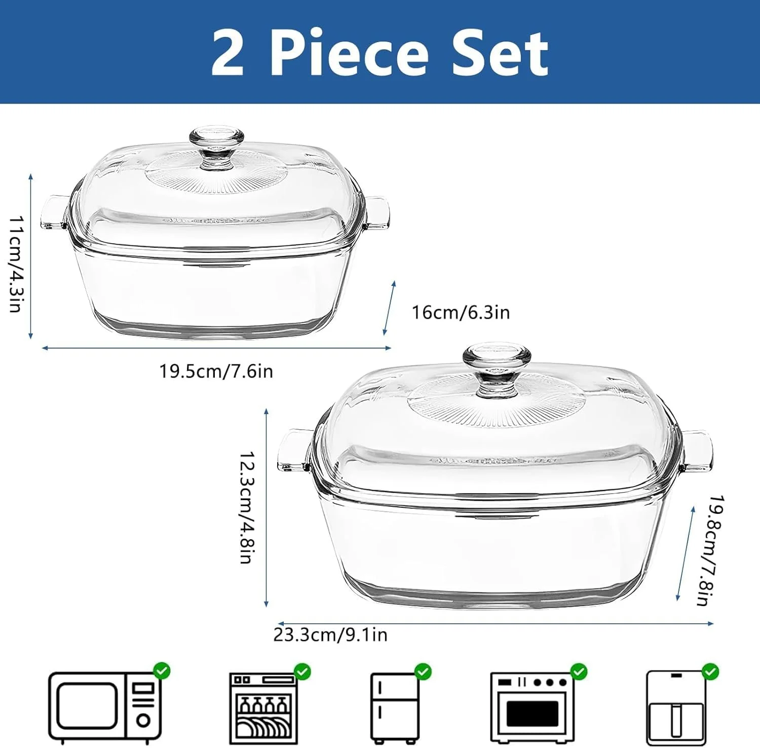 Набор форм для запекания стеклянных с крышкой 2 шт. квадратные 0,8 л и 1,5 л Прозрачные, фото №3 Набор форм для запекания стеклянных с крышкой 2 шт. квадратные 0,8 л и 1,5 л Прозрачные, фото №3