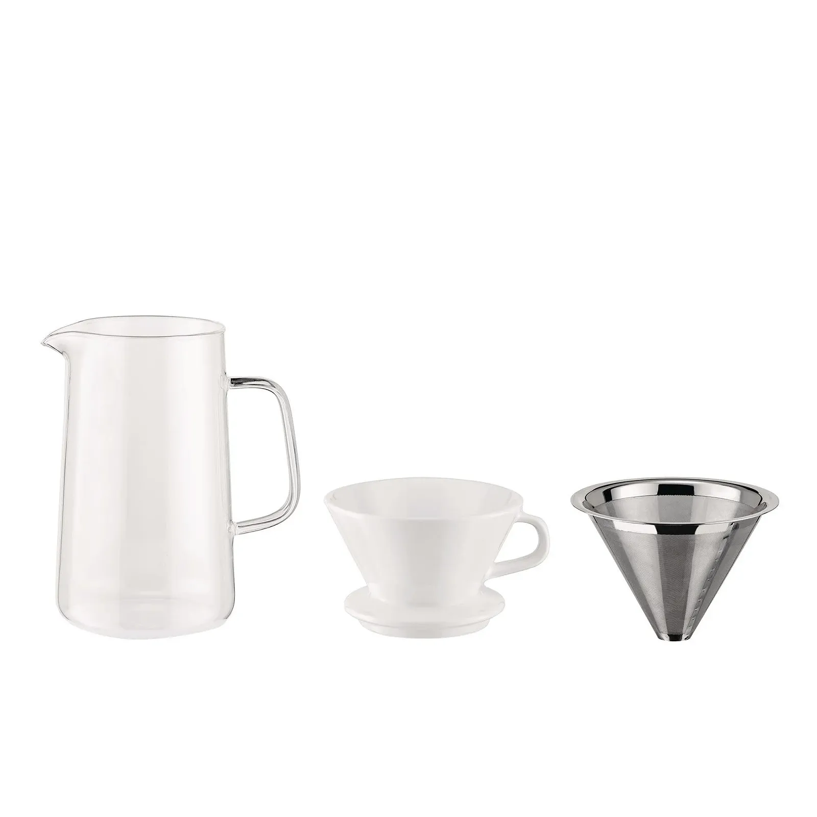 Набор для приготовления кофе Alessi Slow coffee KT01SET: кофемолка из нержавеющей стали 18/10, стеклянный кувшин Pyrex, фарфоровый держатель фильтра и сетчатый фильтр из нержавеющей стали 18/10, фото №4