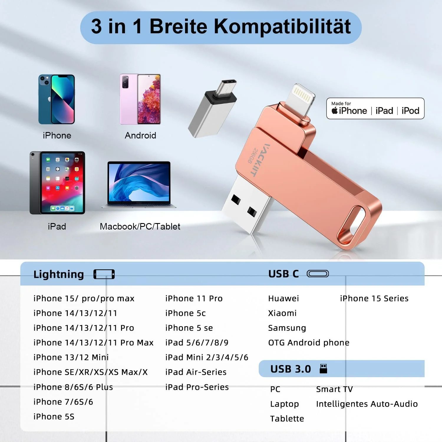 USB-флеш-накопичувач 256 ГБ MFi Certified Lightning USB-C USB 3.0 3-в-1, фото №5 USB-флеш-накопичувач 256 ГБ MFi Certified Lightning USB-C USB 3.0 3-в-1, фото №5