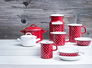 Кастрюля Riess COUNTRY 0126-077 С крышкой, Эмалированная, Диаметр 12 см, Высота 7.3 см, 0.5 л, Индукция Красная в горошек synthetic.ua - Фото 1