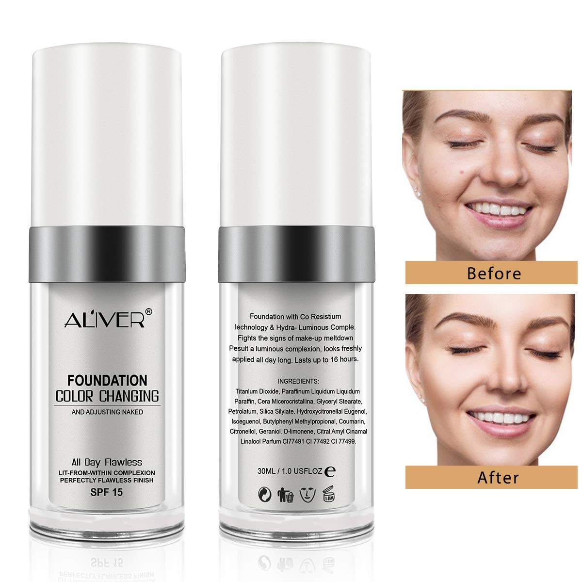 Рідка основа Aliver Flawless Colour Changing Foundation Змінююча колір універсальна відтінок 2 шт., фото №6