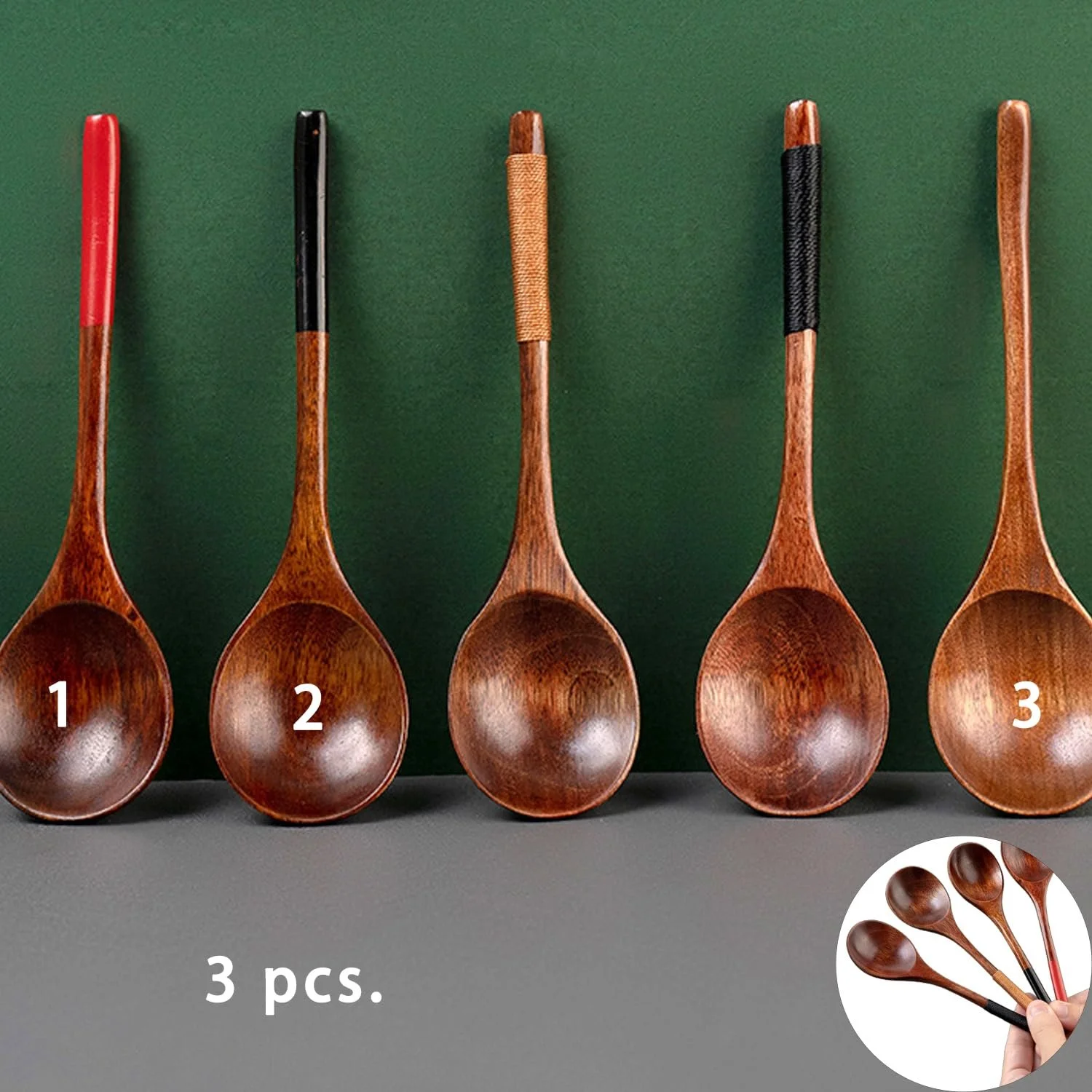 Набір з 3 азіатських японських дерев'яних ложок для супу, дерев'яна, фото №9