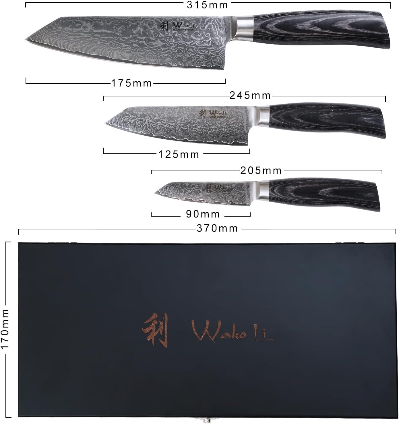 Набор ножей Kiritsuke Wakoli EDIB Pro Black Damascus, 3 шт, сталь Damascus 67 слоев, ядро VG10, лезвия 17 см, 12 см и 9 см, ручка из темного дерева Pakka, в деревянной коробке, фото №7