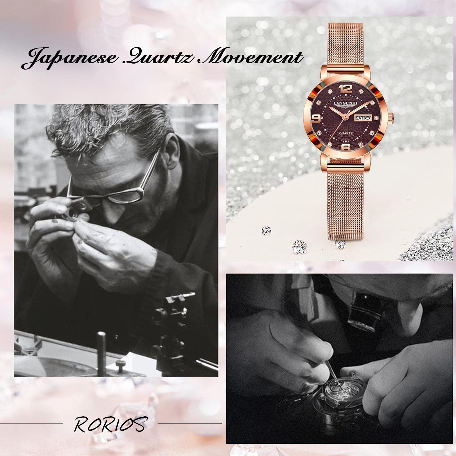 Часы женские RORIOS Fashion Кварцевые с нержавеющей стали Водонепроницаемые Бриллиантовые, фото №4
