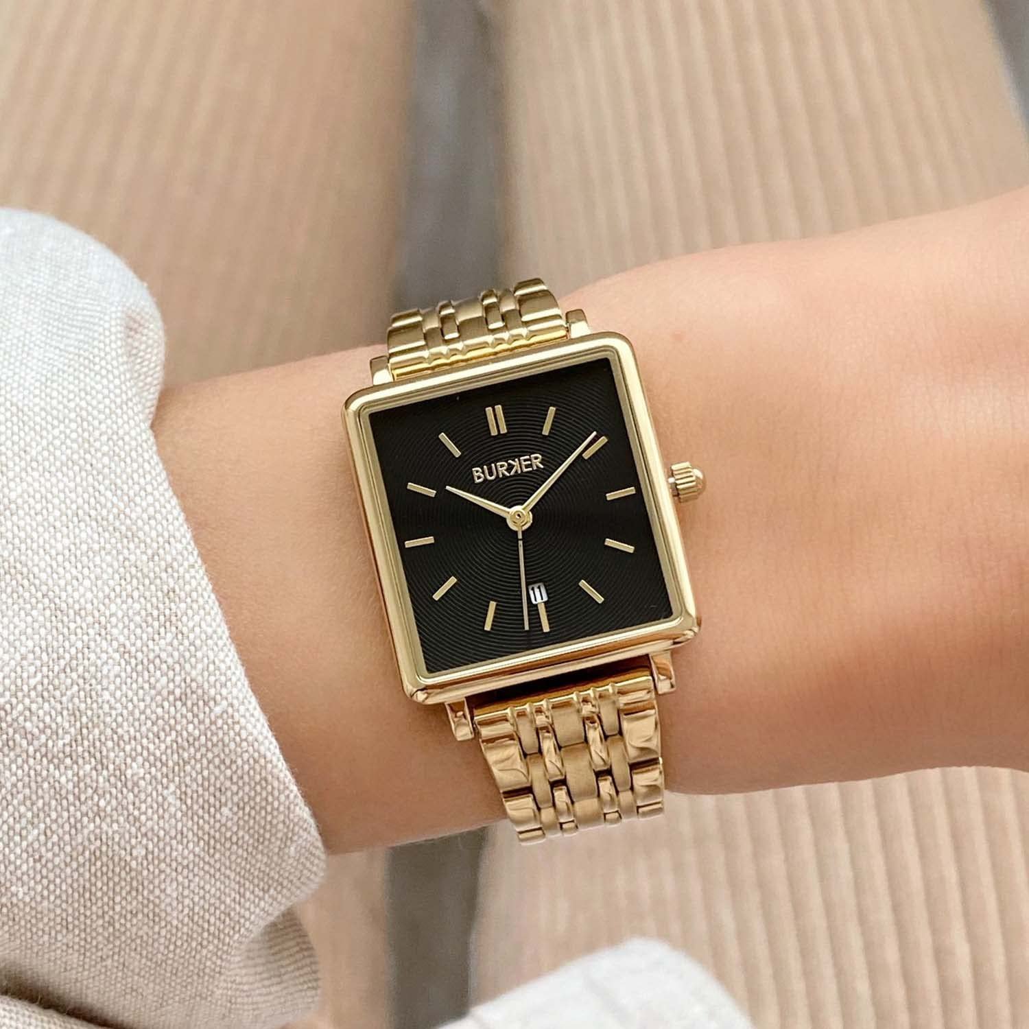 Часы Burker Watches Daisy Золотой Черный - Женские часы Квадратные 28мм - Аналоговые Кварцевые наручные часы с браслетом из нержавеющей стали, фото №6 Часы Burker Watches Daisy Золотой Черный - Женские часы Квадратные 28мм - Аналоговые Кварцевые наручные часы с браслетом из нержавеющей стали, фото №6