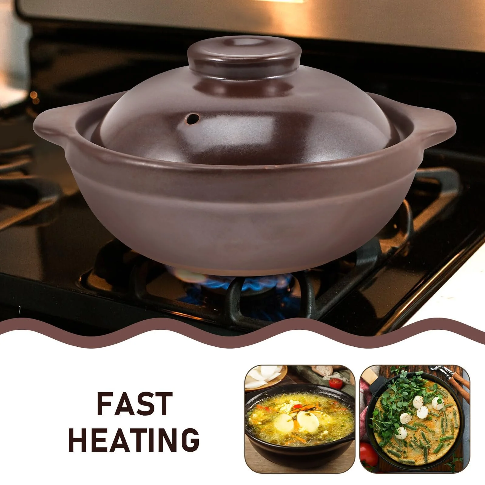 Малая керамическая кастрюля Luxshiny с крышкой термостойкая для риса пасты супов многофункциональная из каменной керамики коричневая, фото №7