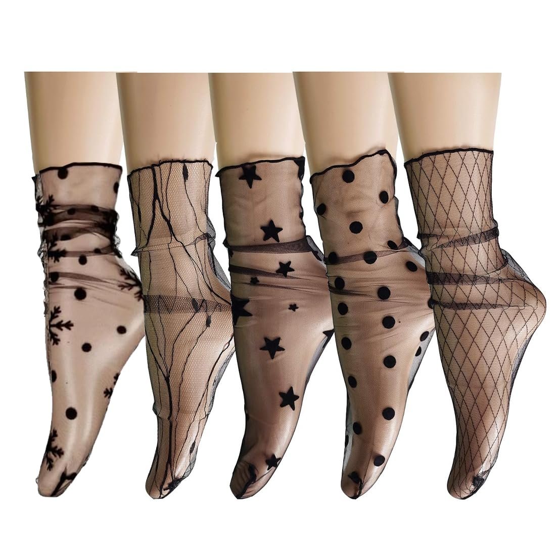 Женские чулки до колен 5 пар Тонкие кружевные чулки Черные сетчатые чулки для женщин и девушек Черный цвет Размер M, фото №1